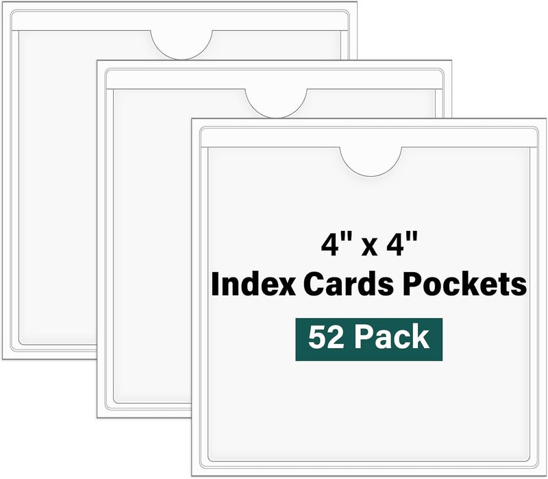 Ohuimrt 52 Pack Index Card Pockets with Top Open, 4 x 4 Inch Adhesive Label Pockets Clear Plastic Index Card Holder for Organizing, Storage Bins, Library Cards, Notes - Image 1